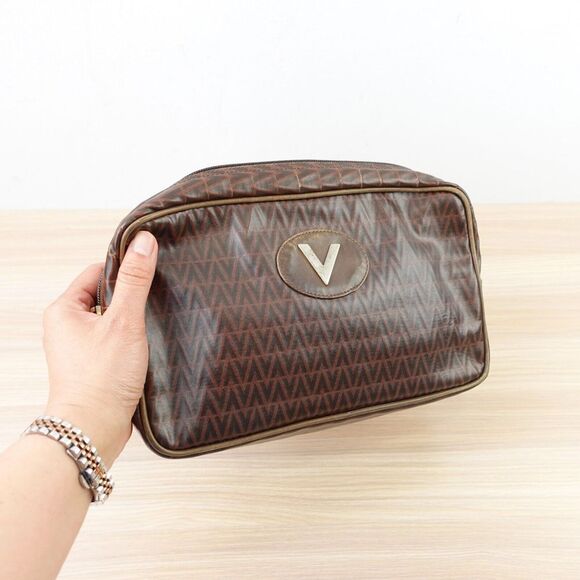 Vintage VALENTINO Purse V Logo Brown Leather Clutch‎ Italian PVC Italy MARIO 90s - Picture 1 of 16